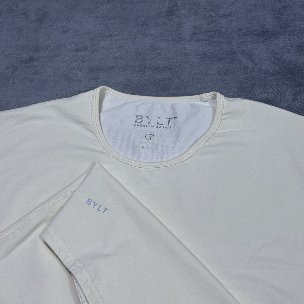 BYLT Shirt Mens Large Drop Cut Performance Stretch Cream Short Sleeve Active